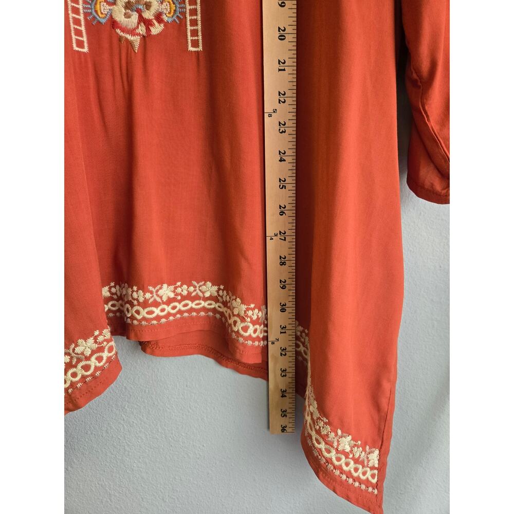 Solitaire Embroidered Boho Tunic Top Rust Orange Plus Size 2X Rayon Long Sleeve - Picture 8 of 8